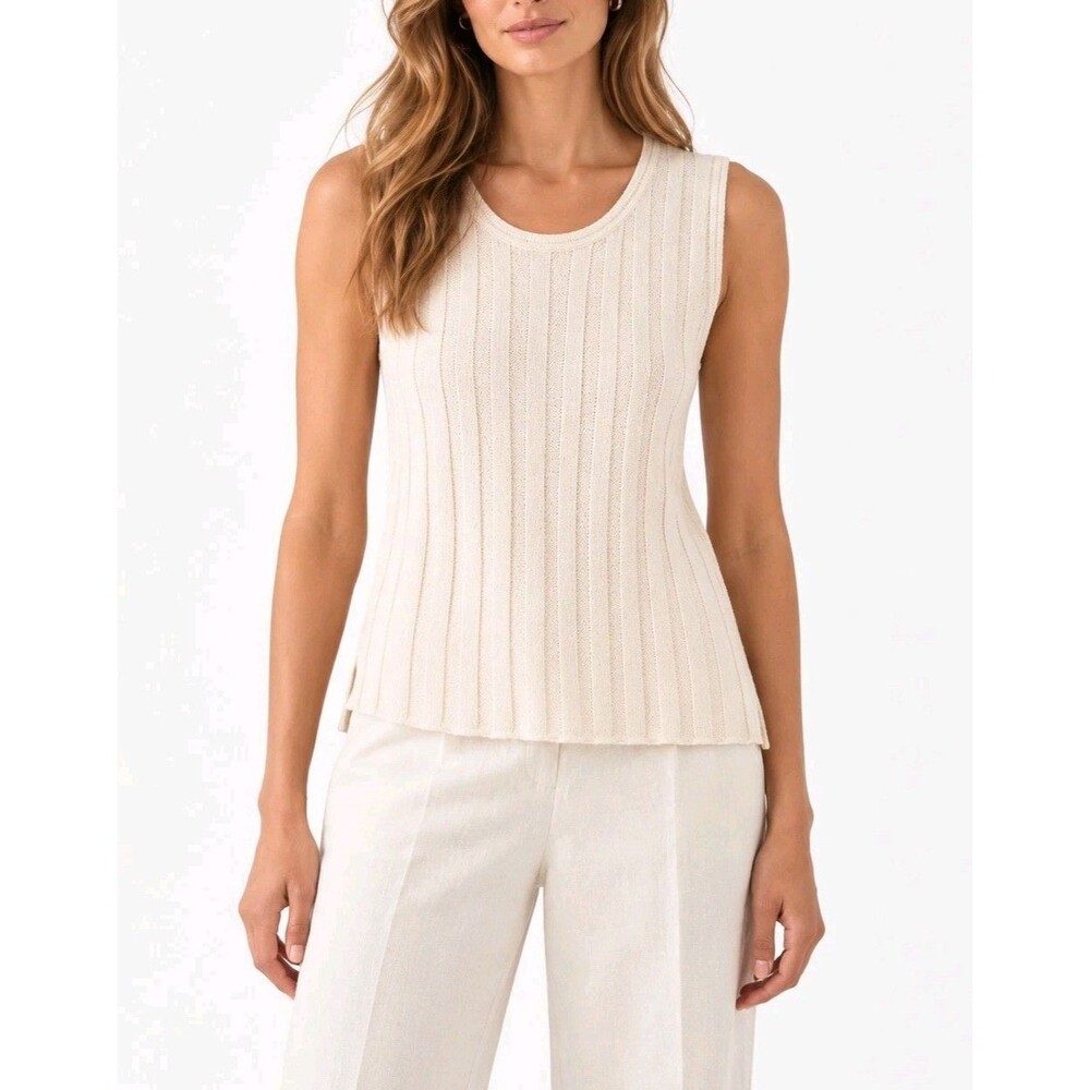 Mm Lafleur Ivory Ribbed Knit Sleeveless Tank Top Size L Classic Capsule Wardrobe